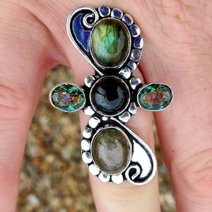 New Labradorite, Black Onyx & Mystic Topaz 925 Silver Statement Ring.